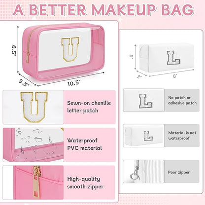Personalized Initial Clear Makeup Bag, Travel Chenille Patch Cosmetic Bag, Preppy Toiletry Bag Monogram Cosmetic Pouch with Zipper, Ideal Gift for Teen Girls Women (Clear-Pink, U)