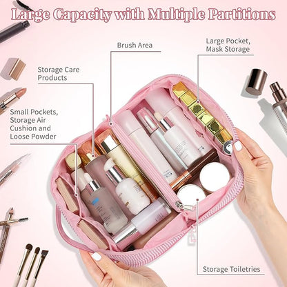 Travel Makeup Bag for Women, 2Pcs Portable Personalized Initial Makeup Organizer Bag, Open Flat Large Cosmetic Bag With Travel Essential Pouch (Pink Letter V)