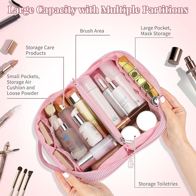 Travel Makeup Bag for Women, 2Pcs Portable Personalized Initial Makeup Organizer Bag, Open Flat Large Cosmetic Bag With Travel Essential Pouch (Pink Letter D)