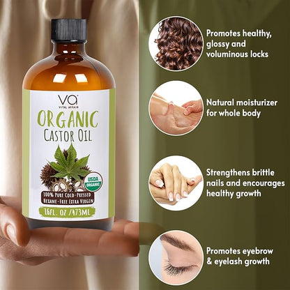 VITAL AFFAIR Pure Castor Oil Organic Cold Pressed Unrefined Glass Bottle-USDA Certified for Castor Oil Pack Wrap for Face,Hair Growth,Eyelashes,Eyebrows-16oz