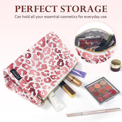 Aosbos Premium Small Makeup Bag, Compact Cosmetic Pouch, Travel-Size Make UP Case for Women, Leopard, Pink