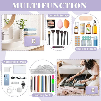 Personalized Makeup Bag Initial A-Z Preppy Patch Bag,Small PU Leather Travel Cosmetic Bag Pouch with Zipper,Purple Cute Toiletry Bag,Gift Ideal for Teen Girls Women Birthday Friend Mom,Latter C