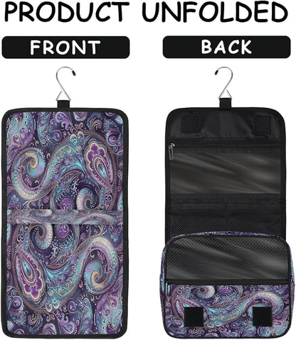 Travel Toiletry Bag for Women & Men Ethnic Purple Paisley Hanging Cosmetic Organizer Portable Waterproof Makeup Case Make Up Bag with Compartments Travel Essentials for Bathroom Shower