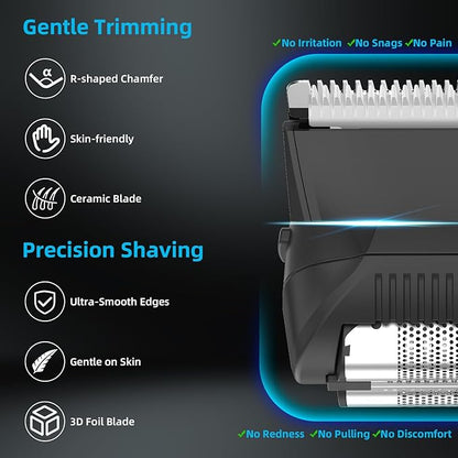 INVJOY Manscape Body Trimmer for Men, Waterproof Electric Razor/Shavers with Dual-Head for Facial, Pubic & Groin Hair Grooming, Ceramic & Foil Blades Hair Trimmer with LED - Birthday Gift for Him Dad