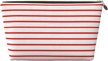 Womens Leather Makeup Bag Cosmetic Bag Travel Toiletry Bags Make Up Bags for Women Adult (White Red Line 2)