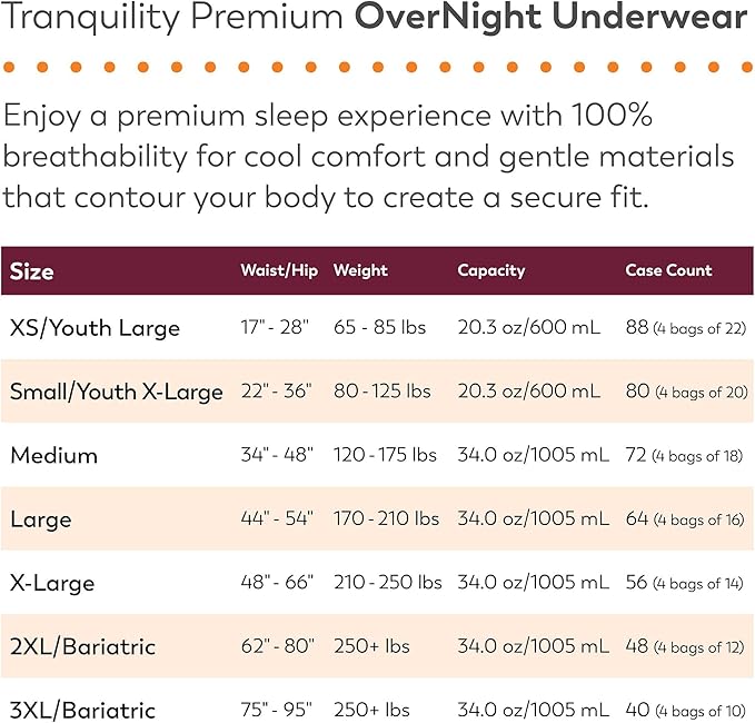 Tranquility Premium Overnight Disposable Absorbent Underwear (14 Count) - XL, 48-66 in. Waist - Maximum Absorbency, All-Night Sleep, Breathable Comfort, Adult Diapers