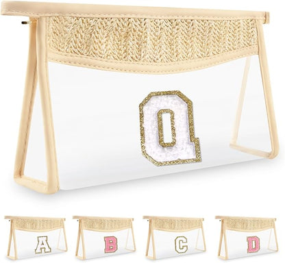 Personalized Initial Letter Bag Boho Straw Clear Makeup Bag,Small Cute Chenille Varsity Letter Pouch With Zipper,Beach Travel Toiletry,Portable Monogrammed Cosmetic Bag for Women Girls,Q