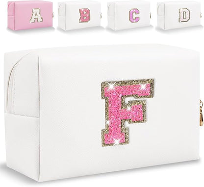 Small Personalized Glitter Initial Letter Makeup Bag, Cute PU Leather Chenille Letters Cosmetic Bag Travel Makeup Pouch, Preppy Travel Organizer Zipper Pouch for Women&Girls（WhiteRosePink-F）