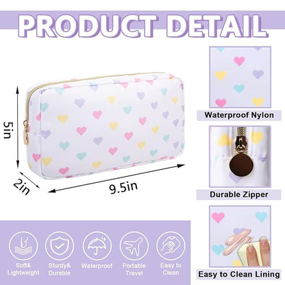 Small Makeup Bag Pouch for Purse，Nylon Travel Toiletry Storage Bag Cute Makeup Organizer Bag for Women Girls，Preppy Waterproof Cosmetic Bag Pouch Skincare Bag Purse with Zipper (Small-White Heart)