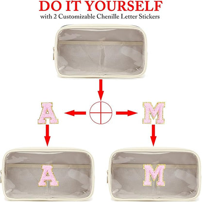 Clear Makeup Bag with 2 Customizable Chenille Letters - Waterproof PU Leather Cosmetic Case, Large Personalized Toiletry Pouch for Women & Teens, Ideal for Travel & Gift