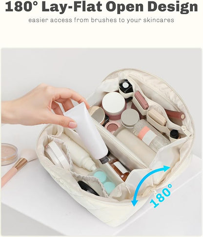 Hynes Eagle Travel Makeup Bag for Women Puffy Cosmetic Organizer Pouch Open Flat Toiletry Bag for Toiletries, Brushes Beige