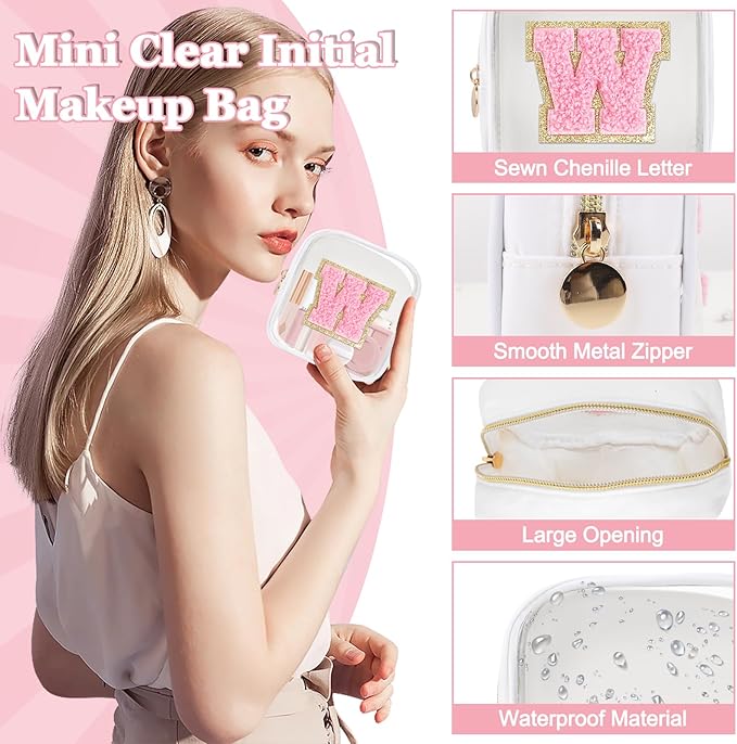 Mini Clear Personalized Initial Makeup Bag, Small Preppy A-Z Chenille Letter Patch Cosmetic Pouch, Transparent PVC & Nylon Waterproof Zip Beach Toiletry Bag,Gift for Women Girls(White-Pink W)