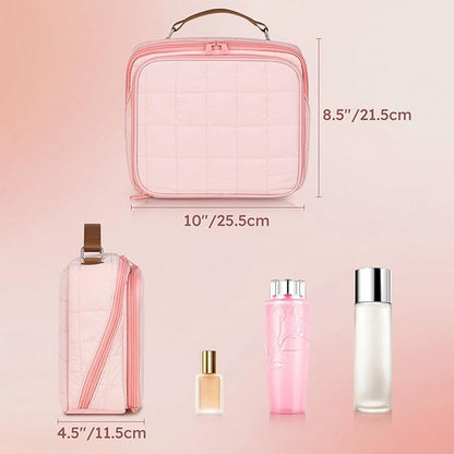 MOKURA Quilted Makeup Bag, Large Capacity Cosmetic Bag with Jewelry Organizer, Portable Make up Pouch, Waterproof Travel Toiletry Case with Compartments, Gifts for Women Girls, Pink