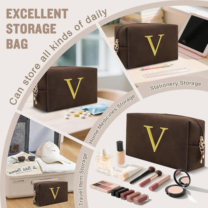 Personalized Initial Makeup Bag,Preppy Suede Cosmetic Bag for Teen Girls,Small Monogram Travel Toiletry Bag With Gold Embroidered Letter,Trendy Stuff Custom Christmas Gift for Women(Coffee-V)