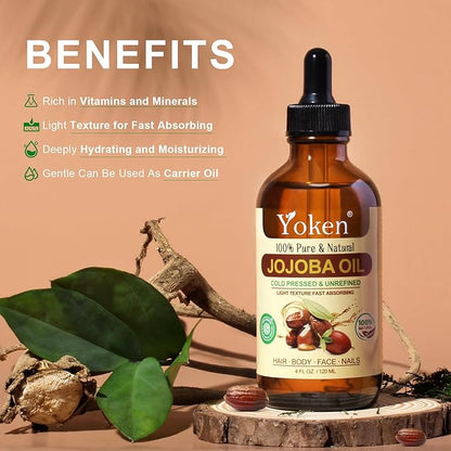 Jojoba Oil 4 fl oz EWG Verified 100% Pure Jojoba Oil Cold Pressed for Skin, Hair, Nails, Cuticles - Unrefined & Hexane Free, Natural Moisturizer Carrier oils Facial Serum for Gua Sha