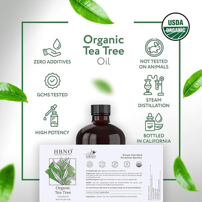 HBNO Organic Tea Tree Oil - Huge 16 oz (475ml) Large Size - Ideal for Diffusers, Cleaning Agents, Deodorizers, and Flavoring Agents.