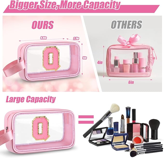 Initial Makeup Bag,Letter Q Cute Clear Monogrammed Cosmetic Travel Bag for Womens Girls,Personalized Pink Aesthetic Traveling Make Up Organizer Bag for Beach,Waterproof Toiletry Bag