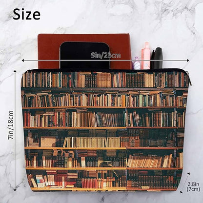 Vintage Library Bookshelf Makeup Bag for Purse, Travel Toiletry Pouch, Cosmetic Organizer, Old Books Pattern Flax Pencil Case for Men and Women
