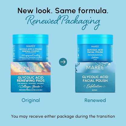 MAREE Glycolic Acid Polishes 2 PACK - Toner Polishes for Face Cleansing - Tea Tree Oil, Salicylic Acid & Vitamins E, B3, B5 - Facial Peel & Radiance Deep Cleaning Effect