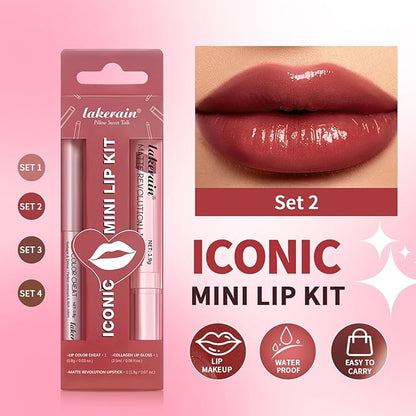 3PCS Lip Liner and Lipstick Combo Set - Matte Lip Liner Pencil, Velvet Matte Lipstick & Hydrating Collagen Lip Gloss - Long-Lasting, Smudge-Proof, High Pigment Nude Brown Lip Makeup Kit (#2 Red Rose)