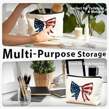 Coquette American Flag Bow Makeup Bag, Gifts for Patriotic Women Cosmetic Bag, Preppy Red White and Blue Bow Small Toiletry Bags Zipper Makeup Pouch