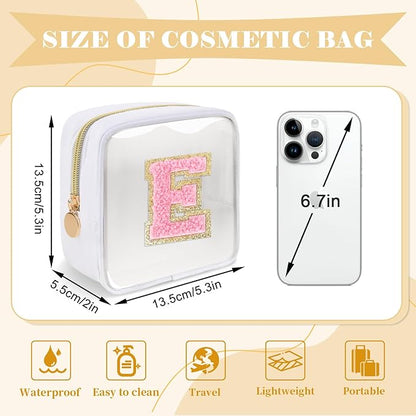Personalized Initial Letter Clear Preppy Makeup Bag,Mini Nylon Chenille Letter Cosmetic Bag Cute Zipper Pouch Purse for Teen Girls,Portable TSA Approved Beach Travel Essentials Bag Gift for Women,E