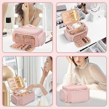 OCHEAL Large Makeup Bag,Cosmetic Organizer for Women with Zipper Pouch and Side Pocket, Multifunctional Compartments and Dividers,Travel Makeup Case for Toiletries, Brushes & Beauty Tools-Pink