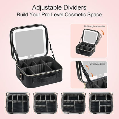 BEAUTY CASE Makeup Bag with Led Mirror, 10 Inch Portable Travel Cosmetic Organizer Case with Adjustable Dividers, USB Charging, Large Capacity, Ideal for Travel, Gift for Women Girls, Black