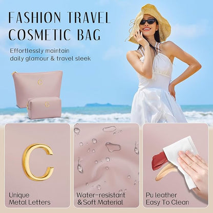 Women Gifts | Initial Makeup Bag Set for Girl Personalized Gifts for Bridesmaid Friend Graduation Teachers PU Leather Cosmetic Travel Toiletry Bag(Pink,C)