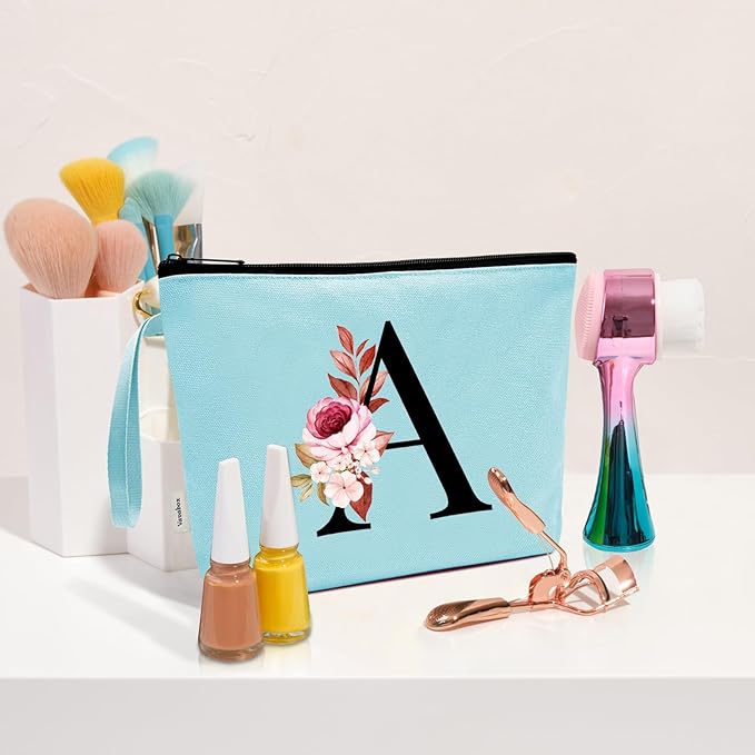 Vavabox A-Z Personalized Makeup Bag, Birthday Gifts for Women Mom, Gifts for Best Friend, Bride Bridesmaid Cosmetic bag (A, Green)
