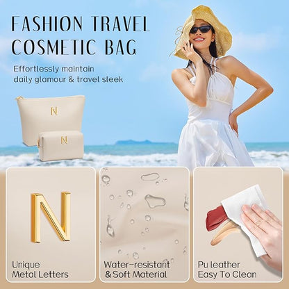 Women Gifts | Initial Makeup Bag Set for Girl Personalized Gifts for Bridesmaid Friend Graduation Teachers PU Leather Cosmetic Travel Toiletry Bag(Beige,N)