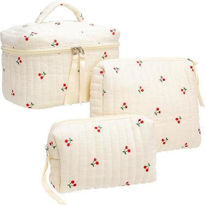 PAZIMIIK 3PCS Makeup Bag SET Large Travel Quilted Zipper Soft Cosmetic Case Pouch for Women Girls Make Up,Cherry Beige
