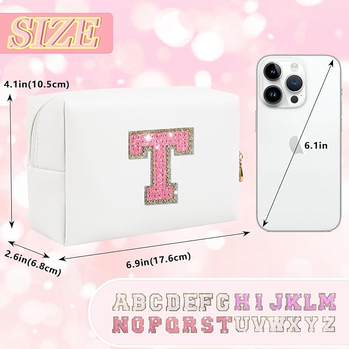 Personalized Initial Letter Makeup Bag, Small Preppy Glitter Cosmetic Pouch PU Waterproof Zipper Travel Toiletry Bag, Unique Patch Makeup Organizer Gift for Women Teen Girls(Letter T)