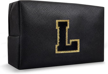 Personalized Initial Preppy Travel Makeup Bag Organizer, Small Black Cute Cosmetic Bag Toiletry Zipper Pouch for Purse, Portable Waterproof PU Make Up Case Birthday Gift for Her Mom Teacher(Letter L)