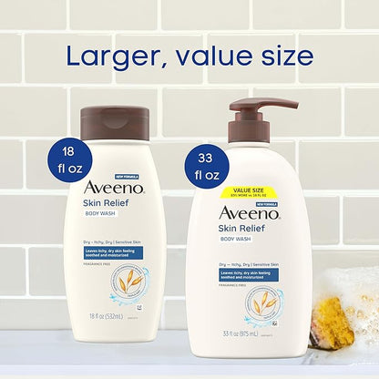 Aveeno Skin Relief Fragrance Free Body Wash, Triple Oat Formula, Gentle Daily Cleanser for Itchy Dry Sensitive Skin, Soap & Paraben Free, Soothes & Moisturizes, 33 fl oz