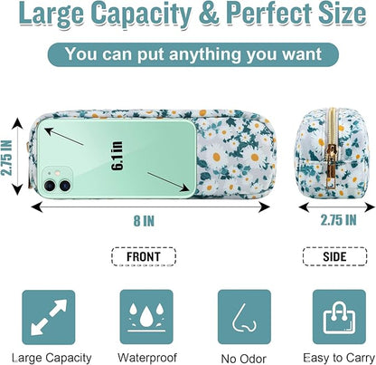 izuzta Nylon Small Floral Makeup Bag Slim Pouch, Preppy Cute Makeup Brush Case Bag Flower Cosmetic Zipper Pouch Purse, Waterproof Travel Toiletry Bag Coin Pouch Make Up Organizer Women(Green-Daisy)