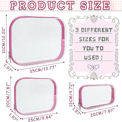 3 Pcs Clear Hard Zipper Case, Hard Shell Plastic Clear Organizer Bag, Transparent Makeup Pouches, Portable Box for Travel Toiletries Storage Bins (Pink, Multi)