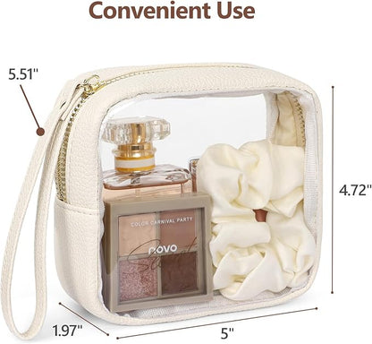 PACKISM Small Clear Makeup Bag - PU Leather Clear Travel Bags for Toiletries Mini Makeup Bag for Purse, Portable Cosmetic Bag Car Bag for Essentials for Women Gift Daily Use (Beige Mini)