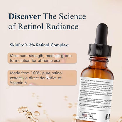 SkinPro Retinol Serum for Face - Anti Aging Face Serum for Dark Spots, Fine Lines and Wrinkles, 3% Retinol Complex Skin Renewing and Resurfacing Night with Hyaluronic Acid - 30 ml