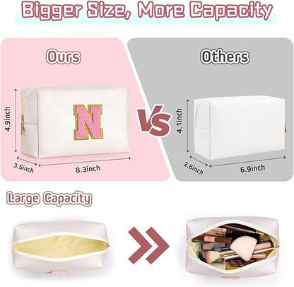 TOPEAST Travel Makeup Bag for Women - Preppy Cosmetic Bag, Personalized Initial Makeup Pouch Leather Waterproof Travel Toiletry Bag | Birthday Travel Gifts (Pearly White E)