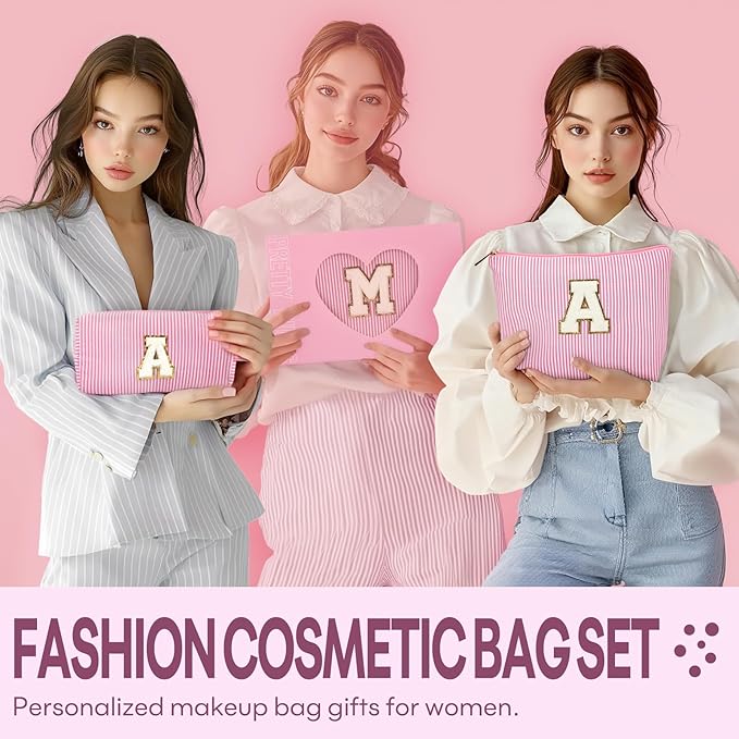 mibasies 2 PCS Initial Makeup Bags for Women: Cosmetic Bag for Travel Toiletry - Personalized Cute Makeup Pouch - Gifts for Grilfriend Wife Moms Bridesmaid - Retirement Travel Gifts - Pink E