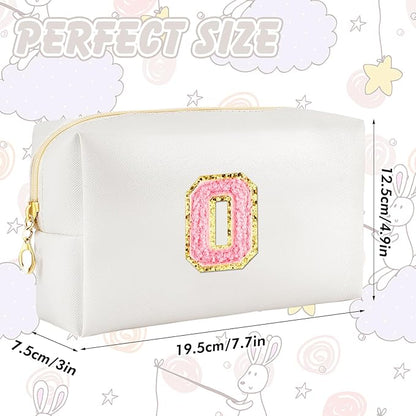 Initial Makeup Bag Personalized Preppy Travel Small Cosmetic Bag Cute PU White Chenille Letter Makeup Pouch for Purse Waterproof Zippered Toiletry Organizer for Women Girls Kids Friends (O)