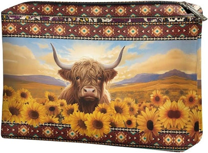 COEQINE Sunflower Purse Leather Cosmetic Wallet for Women Western Party Bag Elehant Cosmetic Pouch With Zipper Cute Highland Cow Purses Cosmetic Wallet for Travel Birthday Party