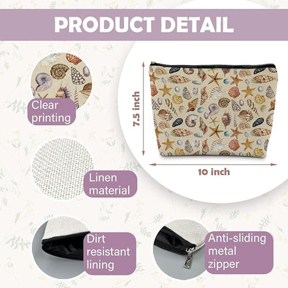 Costal Beach Makeup Cosmetic Bag for Women - Women's Beach Gifts, Seashell Starfish Beachy Small Makeup Bag Pouch for Purse