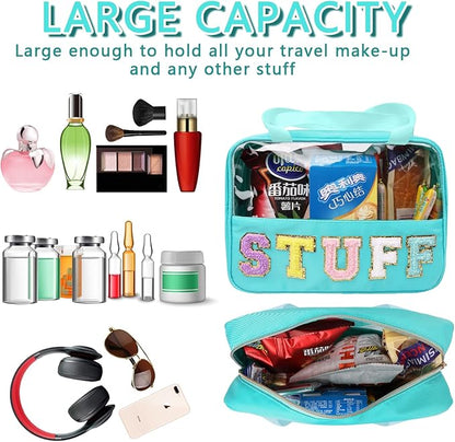 Chenille Letter Patch Stuff Bag, Preppy Clear Makeup Cosmetic Bag Large Toiletry Storage Tote Bag with Handle, Transparent Nylon Waterproof Organizer Zipper Pouch for Travel Women Girls(Green)