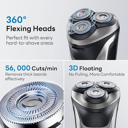 Electric Razor for Men, 100% Waterproof, Gentle on Sensitive Skin, Wet & Dry Rotary Electric Shavers for Men, Pop-up Beard Trimmer, 120 Min Shaving, 1.5H Fast Charge, Ergonomic Men's Shaver