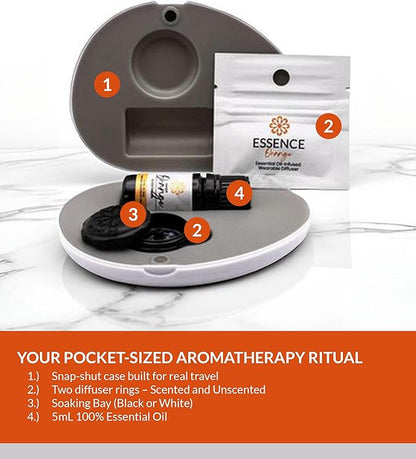 Essence Pearl Travel Case - Wearable Aromatherapy Kit with Nasal Diffuser Rings, Soaking Bay, and 5mL Essential Oil – Portable Wellness Gift Set for On?The?Go Self Care