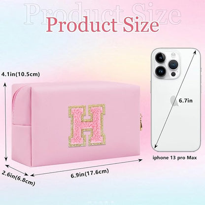 Small Personalized Glitter Initial Letter Makeup Bag, Cute PU Leather Chenille Letters Cosmetic Bag Travel Makeup Pouch, Preppy Travel Organizer Zipper Pouch for Women&Girls（PinkPink-H）