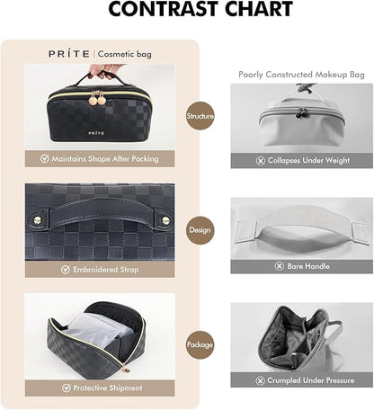 Prite Makeup Bag for Women Travel Waterproof Vegan Leather Cosmetic Bag Open Flat Toiletry Bag With Clear Divider and Handle (Plaid Black)