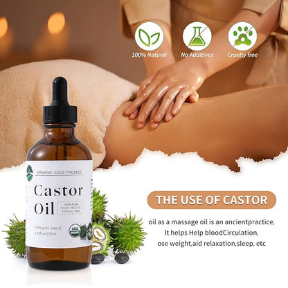 Organic Castor Oil Cold Pressed Unrefined - Hair Growth & Care, Thicker Eyelashes & Eyebrows (4.23FlOz) - Certified Organic, Hexane Free
